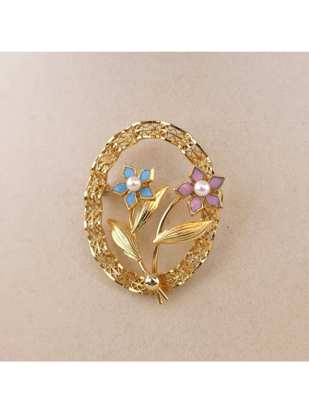 Vintage IPS‎ 12K Gold Filled Brooch Pin Enamel Flower Pearl Oval Filigree